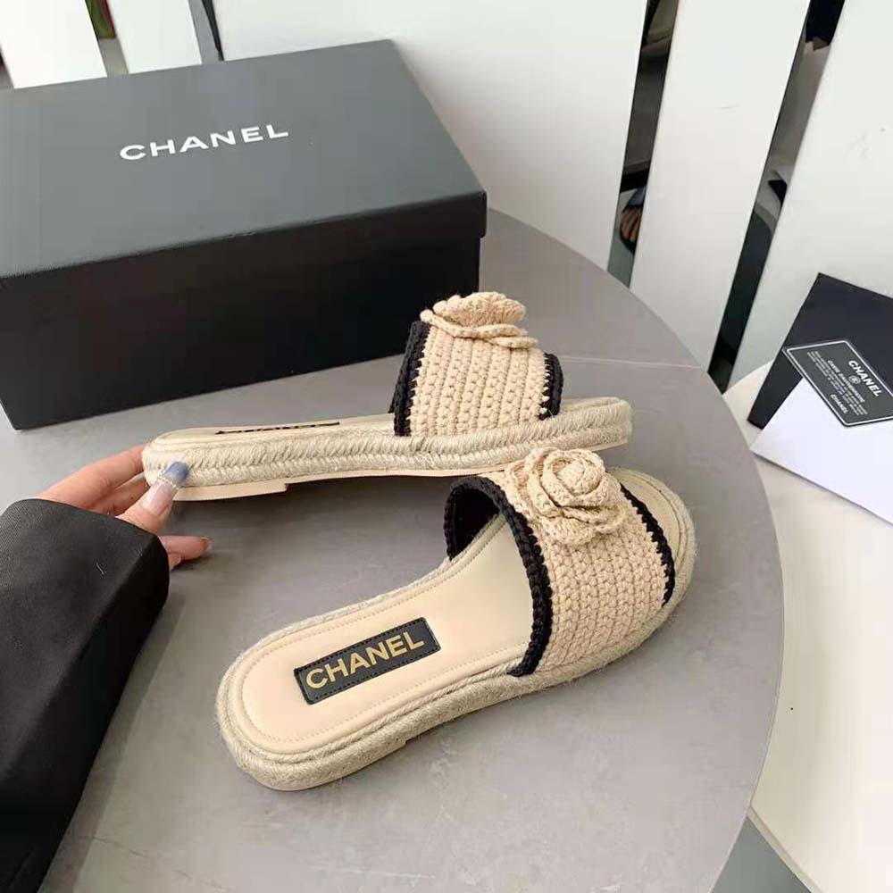 Chanel Women Mules Crochet Ivory and Black 0.5 cm Heel-Beige (9)