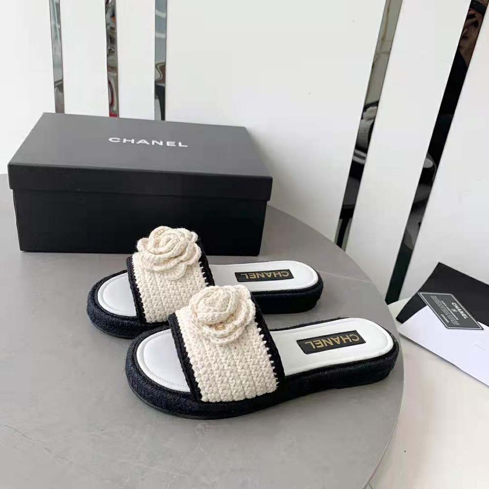 Chanel Women Mules Crochet Ivory and Black 0.5 cm Heel-White (1)
