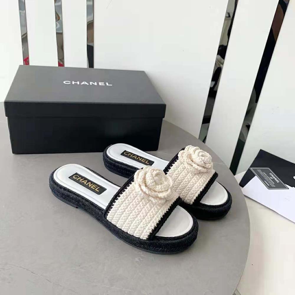 Chanel Women Mules Crochet Ivory and Black 0.5 cm Heel-White (2)