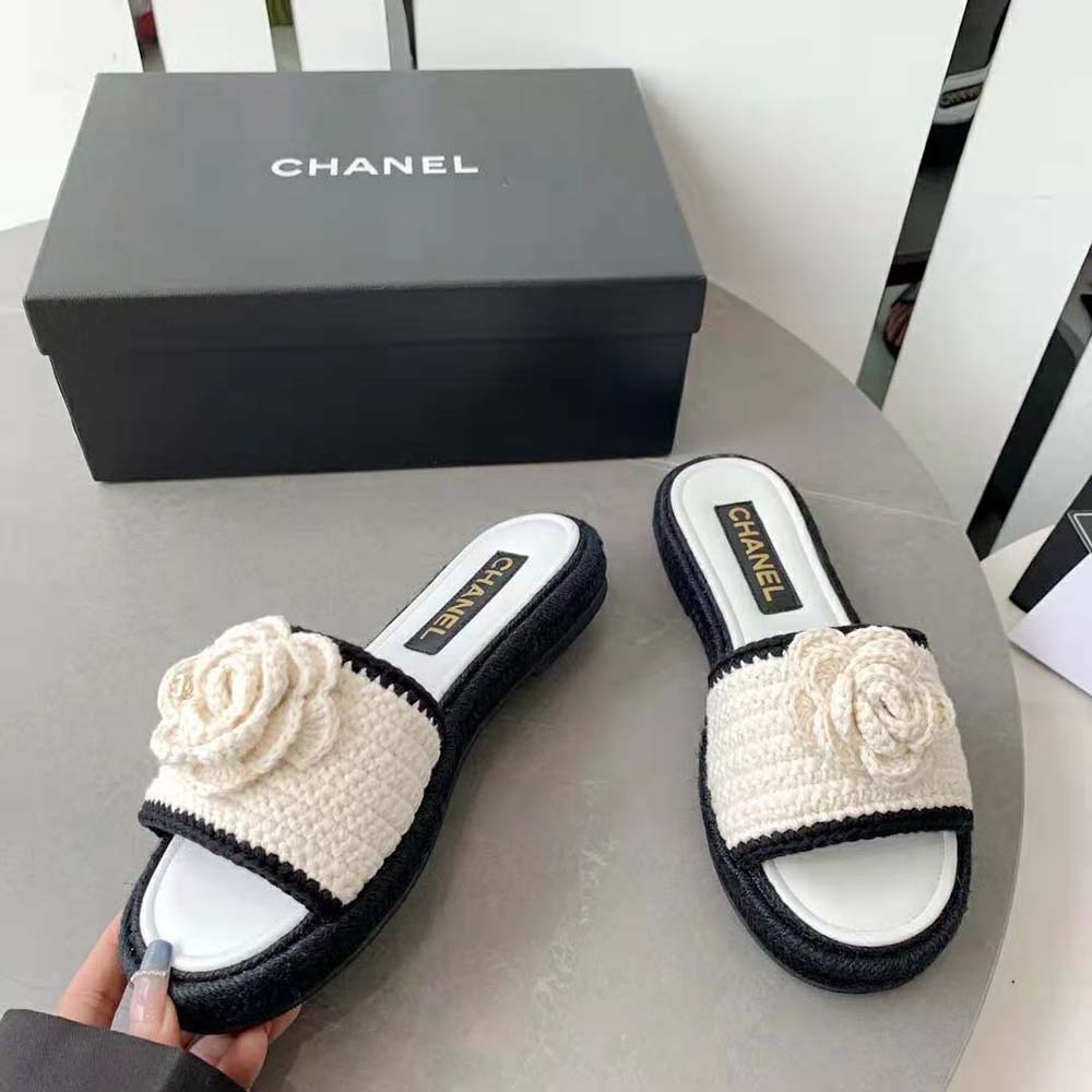 Chanel Women Mules Crochet Ivory and Black 0.5 cm Heel-White (5)