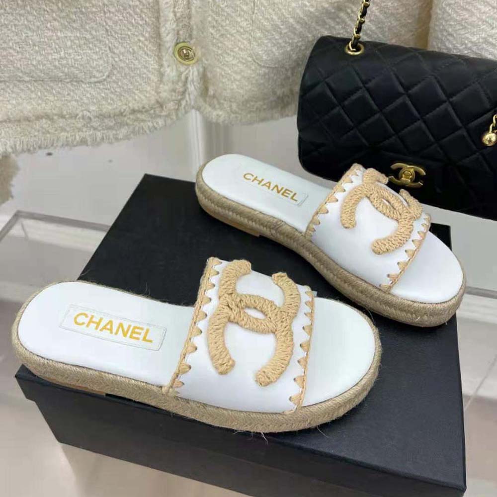 Chanel Women Mules Lambskin Beige & White (3)