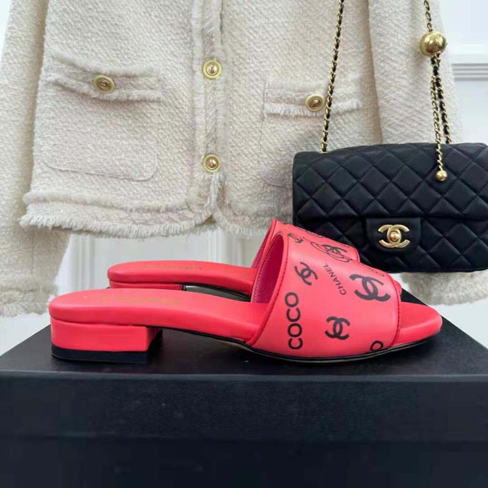 Chanel Women Mules Sandal Calfskin Leather Black Logo-Pink (1)