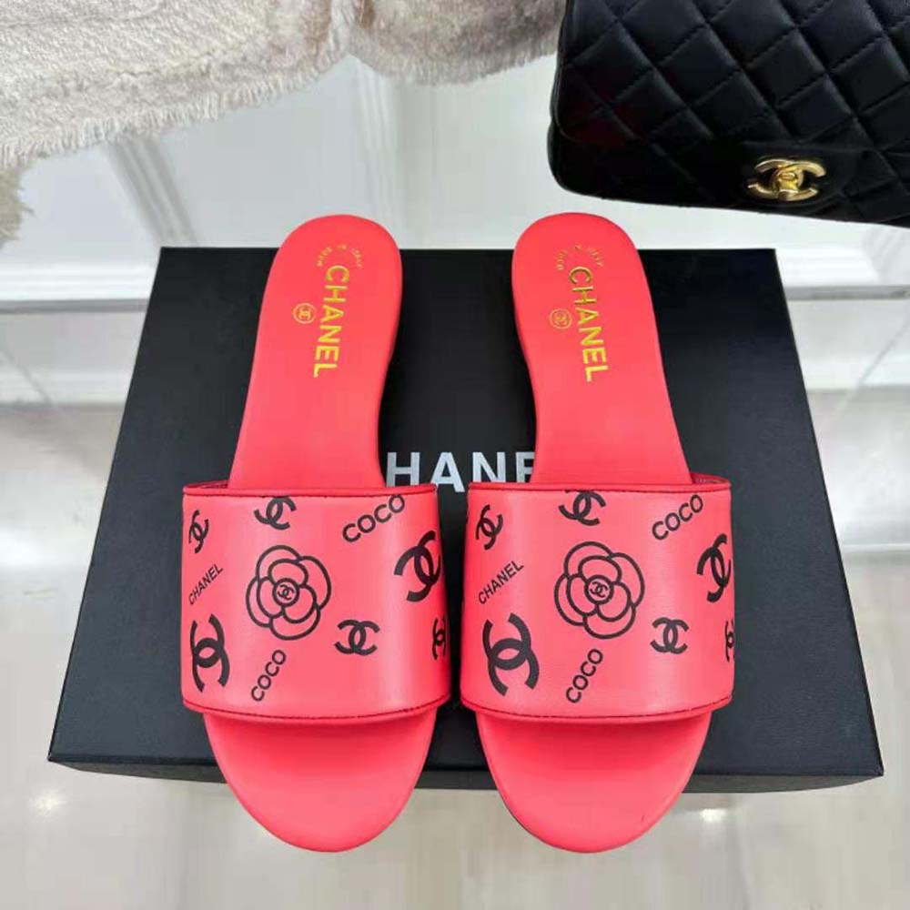 Chanel Women Mules Sandal Calfskin Leather Black Logo-Pink