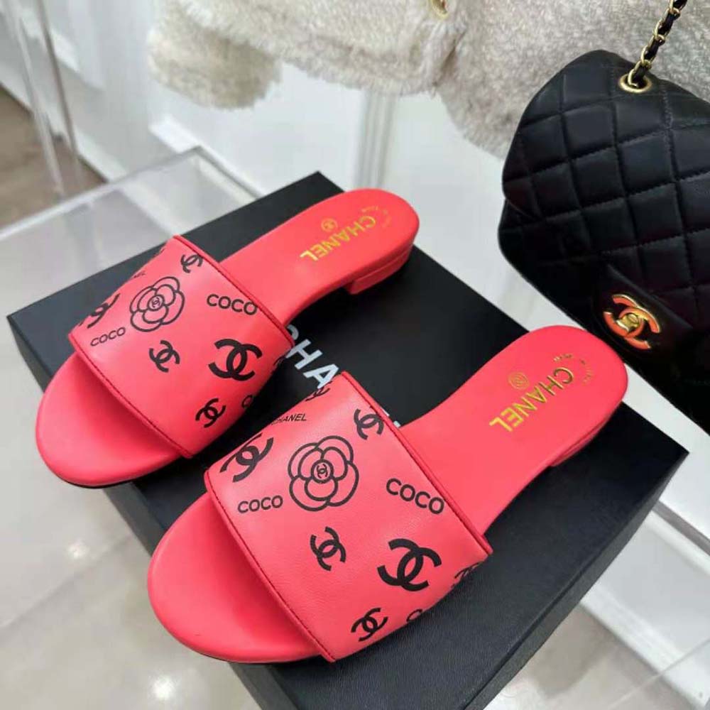 Chanel Women Mules Sandal Calfskin Leather Black Logo-Pink (3)