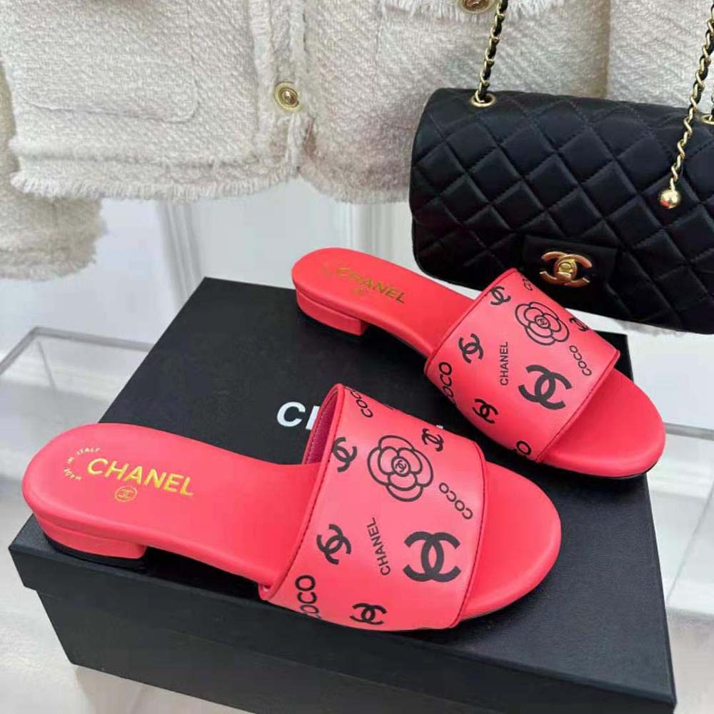 Chanel Women Mules Sandal Calfskin Leather Black Logo-Pink (4)