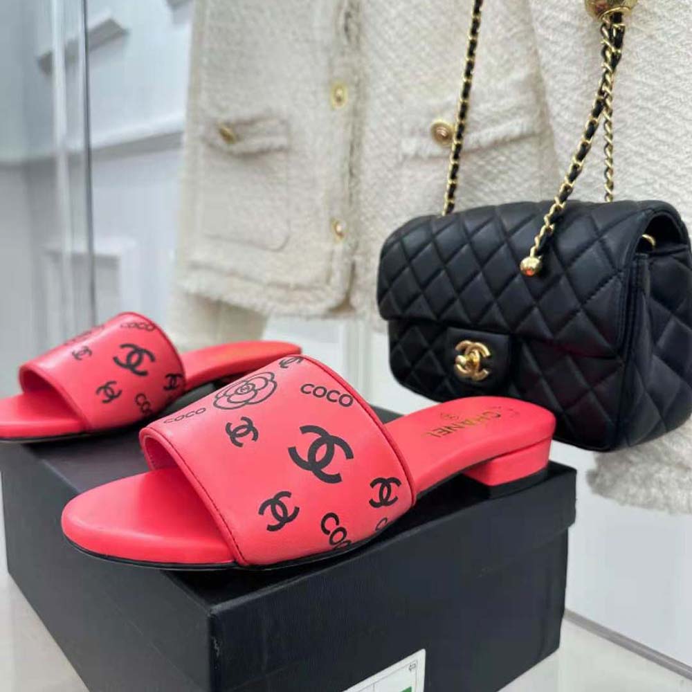 Chanel Women Mules Sandal Calfskin Leather Black Logo-Pink (5)