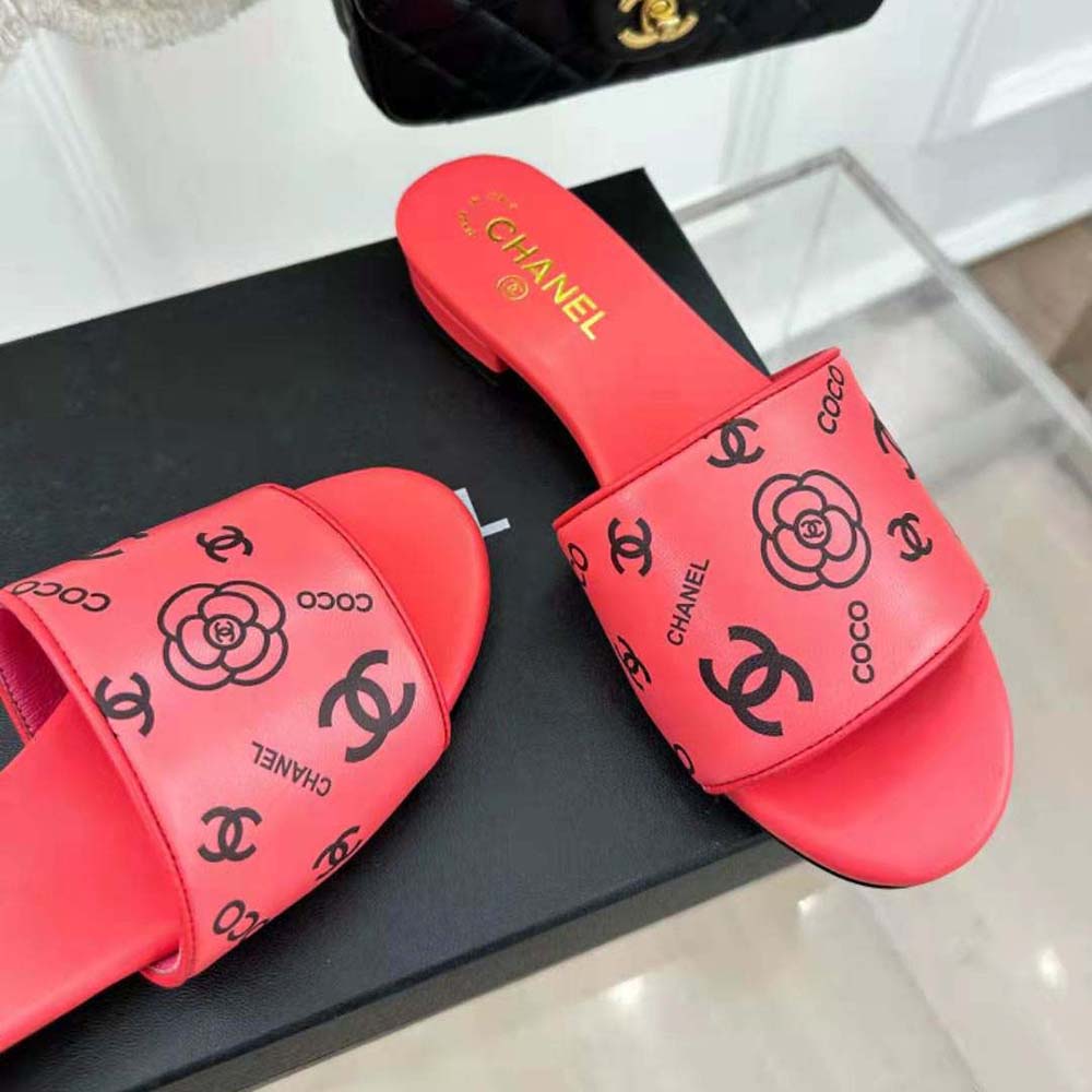 Chanel Women Mules Sandal Calfskin Leather Black Logo-Pink (6)