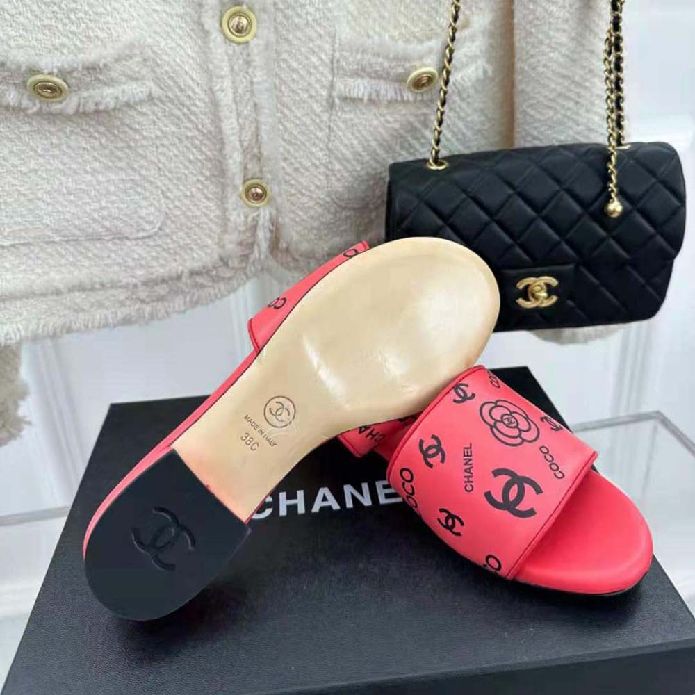 Chanel Women Mules Sandal Calfskin Leather Black Logo-Pink (9)