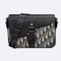 Dior Unisex CD Mini Saddle Bag Strap Beige Black Oblique Jacquard Black Grained Calfskin (10)