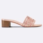 Dior Women CD Dway Heeled Slide Rose Des Vents Cotton Embroidered Metallic Thread Strass
