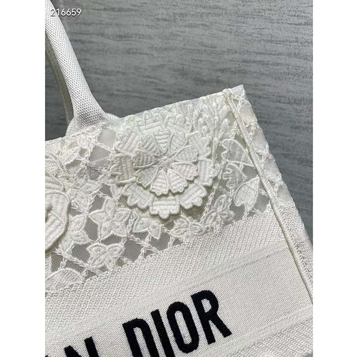 Dior Women CD Medium Book Tote White Multicolor D-Lace Embroidery Macramé Effect (1)