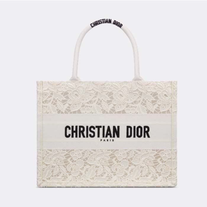 Dior Women CD Medium Book Tote White Multicolor D-Lace Embroidery Macramé Effect