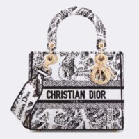 Dior Women CD Medium Lady D-Lite Bag White Black Plan De Paris Embroidery