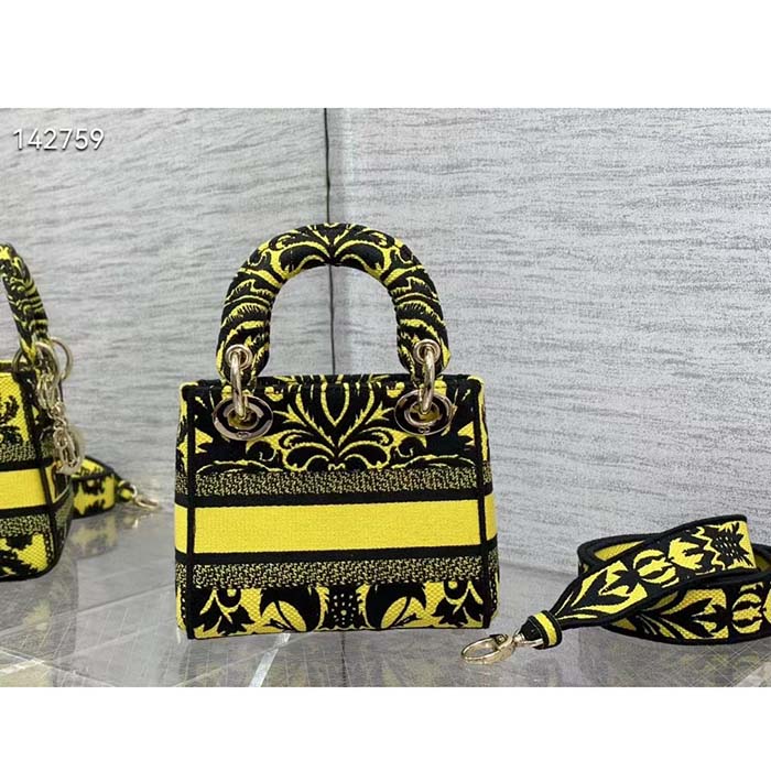 Dior Women CD Mini Lady D-Lite Bag Yellow Multicolor Ornamental Embroidery (4)
