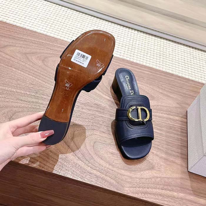 Dior Women CD Sandals 30 Montaigne Heeled Slide Black Calfskin Tonal Edge Dye (1)