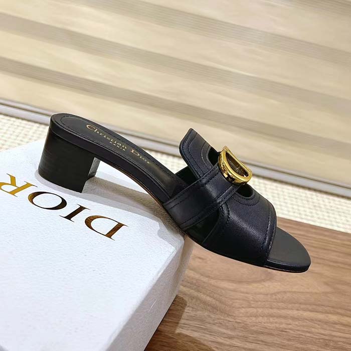 Dior Women CD Sandals 30 Montaigne Heeled Slide Black Calfskin Tonal Edge Dye (10)
