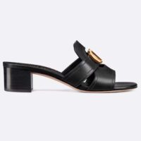Dior Women CD Sandals 30 Montaigne Heeled Slide Black Calfskin Tonal Edge Dye (9)