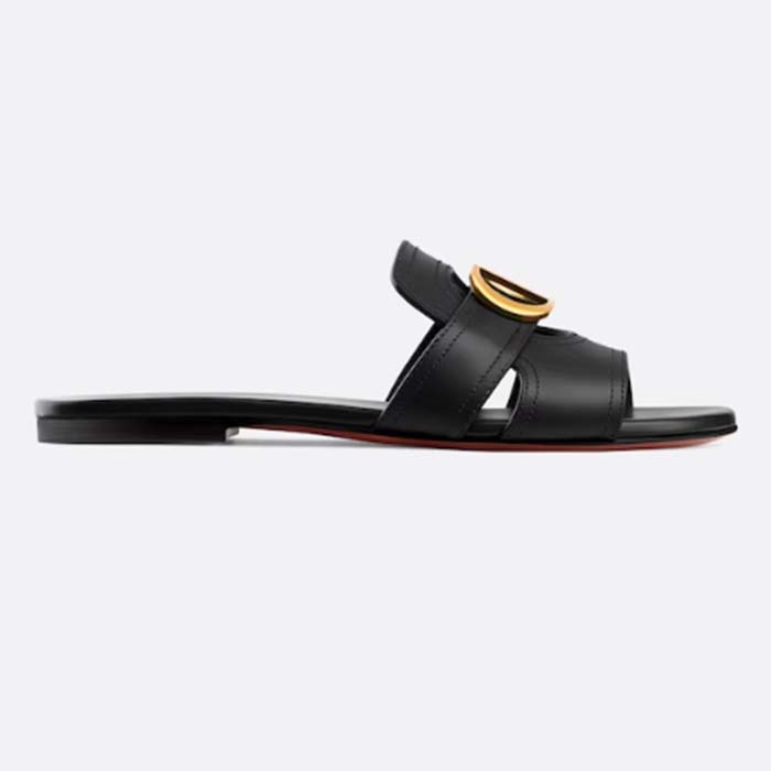 Dior Women CD Sandals 30 Montaigne Slide Black Calfskin Tonal Edge Dye