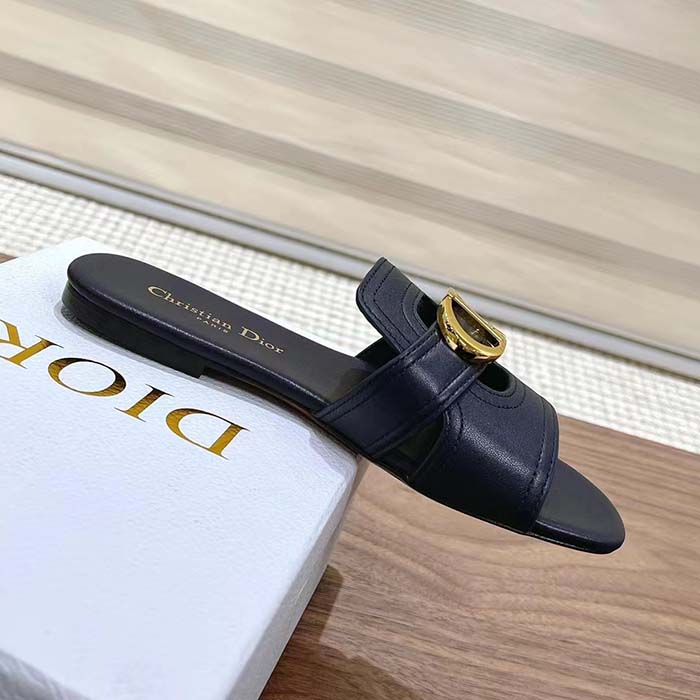 Dior Women CD Sandals 30 Montaigne Slide Black Calfskin Tonal Edge Dye (9)