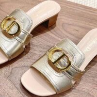 Dior Women CD Sandals Or 30 Montaigne Heeled Slide Platinum-Tone Metallic Calfskin (2)