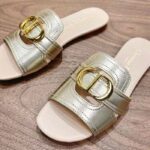 Dior Women CD Sandals Or 30 Montaigne Slide Platinum-Tone Metallic Calfskin - Image 6