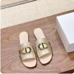 Dior Women CD Sandals Or 30 Montaigne Slide Platinum-Tone Metallic Calfskin - Image 3