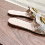 Dior Women CD Sandals Or 30 Montaigne Slide Platinum-Tone Metallic Calfskin - Image 7