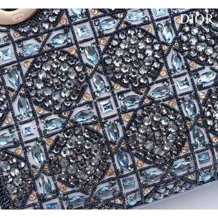 Dior Women Mini Lady Bag Metallic Calfskin Satin Celestial Blue Bead Embroidery (10)