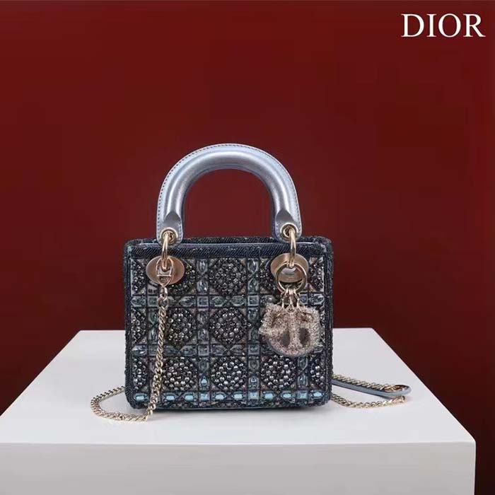 Dior Women Mini Lady Bag Metallic Calfskin Satin Celestial Blue Bead Embroidery (2)