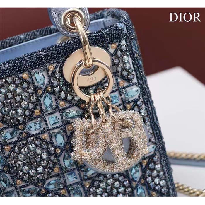 Dior Women Mini Lady Bag Metallic Calfskin Satin Celestial Blue Bead Embroidery (3)
