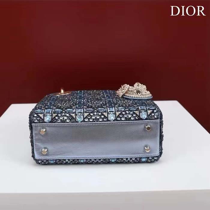 Dior Women Mini Lady Bag Metallic Calfskin Satin Celestial Blue Bead Embroidery (4)