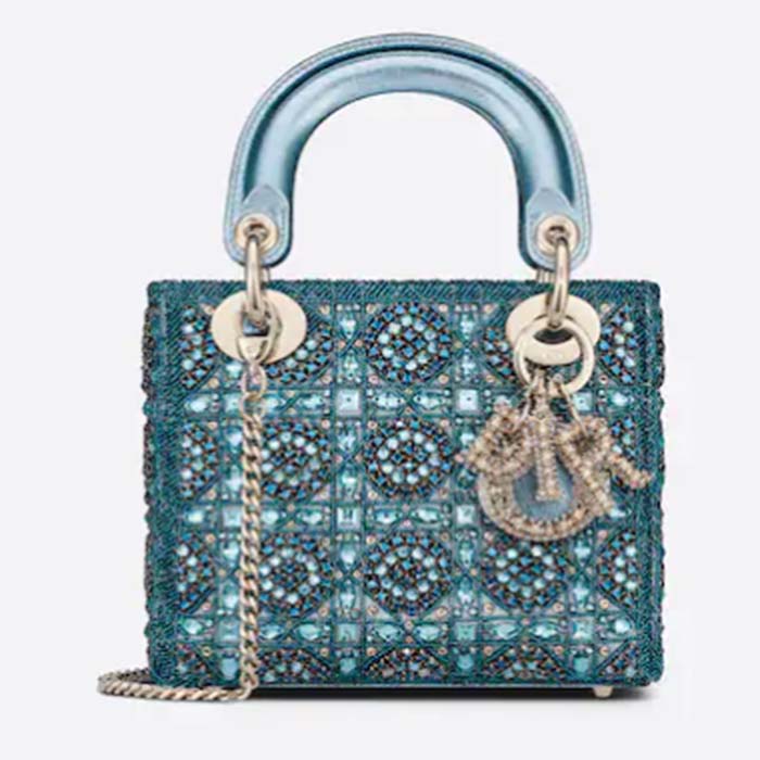 Dior Women Mini Lady Bag Metallic Calfskin Satin Celestial Blue Bead Embroidery