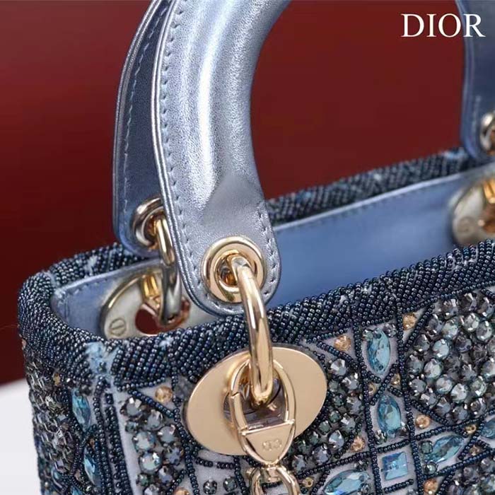 Dior Women Mini Lady Bag Metallic Calfskin Satin Celestial Blue Bead Embroidery (9)