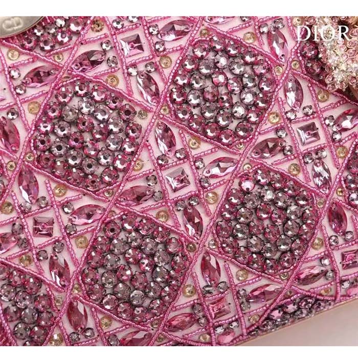 Dior Women Mini Lady Bag Metallic Calfskin Satin Rose Des Vents Resin Pearl Embroidery (1)