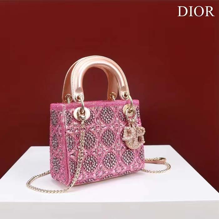 Dior Women Mini Lady Bag Metallic Calfskin Satin Rose Des Vents Resin Pearl Embroidery (10)