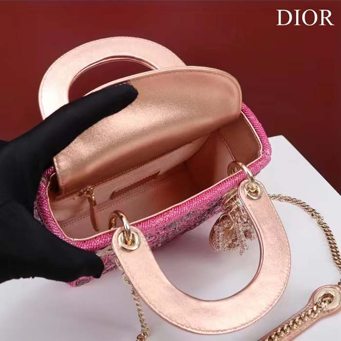 Dior Women Mini Lady Bag Metallic Calfskin Satin Rose Des Vents Resin Pearl Embroidery (2)