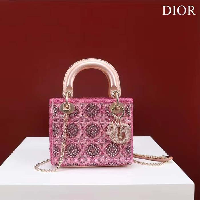 Dior Women Mini Lady Bag Metallic Calfskin Satin Rose Des Vents Resin Pearl Embroidery (3)