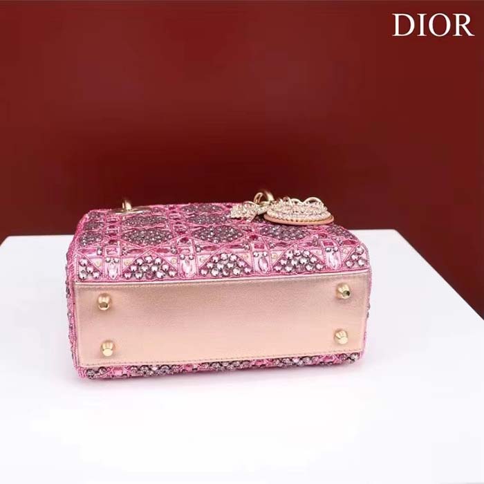 Dior Women Mini Lady Bag Metallic Calfskin Satin Rose Des Vents Resin Pearl Embroidery (5)