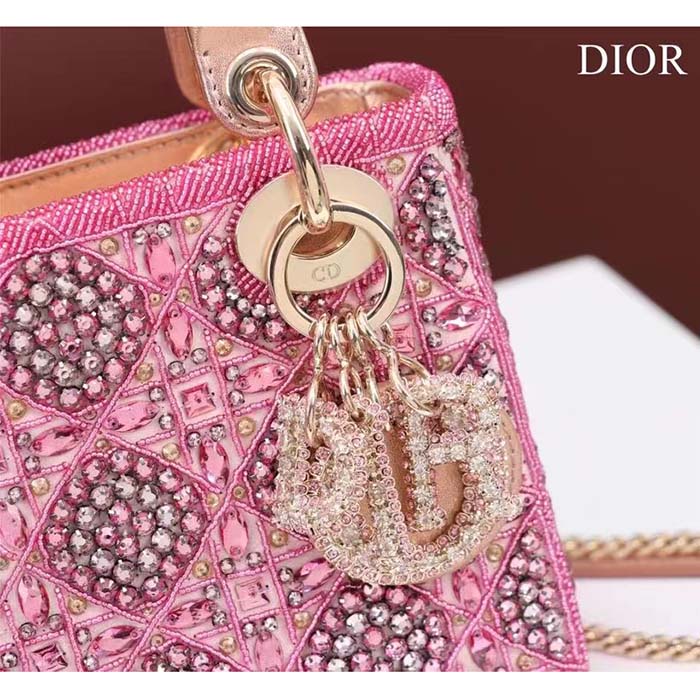 Dior Women Mini Lady Bag Metallic Calfskin Satin Rose Des Vents Resin Pearl Embroidery (6)