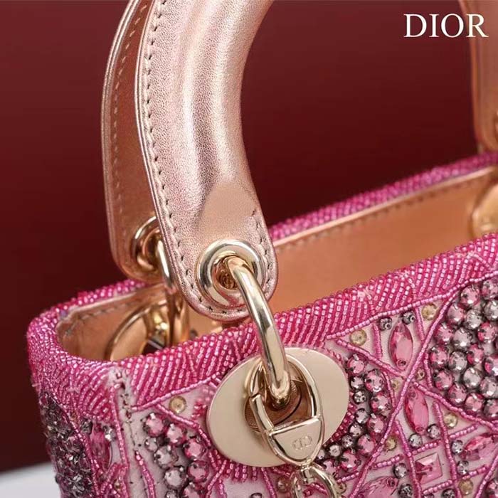 Dior Women Mini Lady Bag Metallic Calfskin Satin Rose Des Vents Resin Pearl Embroidery (7)