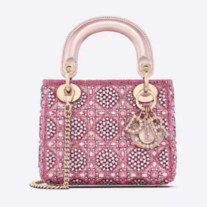 Dior Women Mini Lady Bag Metallic Calfskin Satin Rose Des Vents Resin Pearl Embroidery