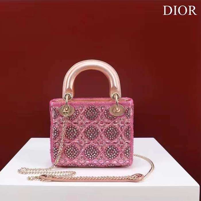 Dior Women Mini Lady Bag Metallic Calfskin Satin Rose Des Vents Resin Pearl Embroidery (9)