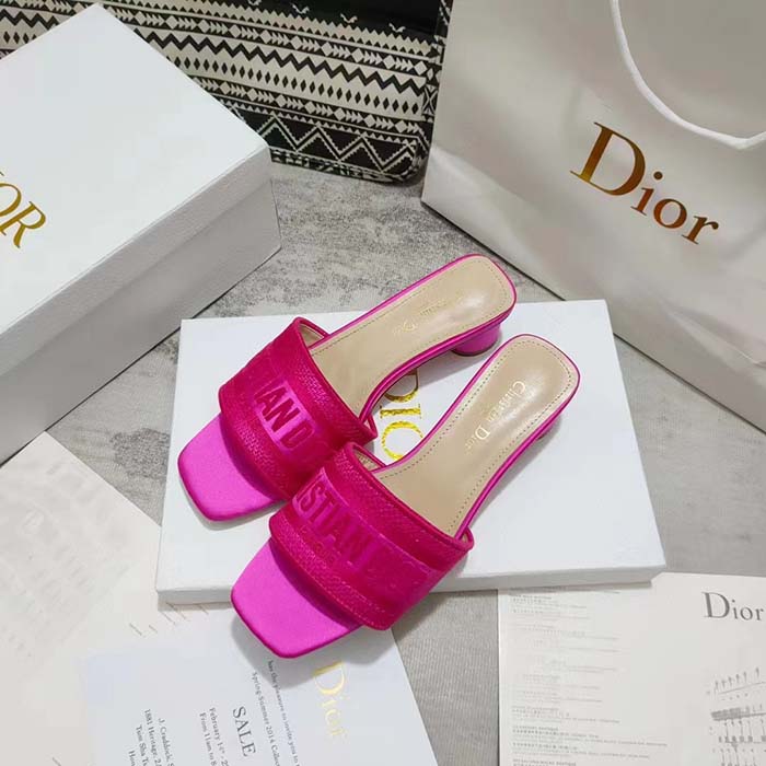 Dior Women Shoes Dway Heeled Slide Rani Pink Embroidered Satin Cotton (1)