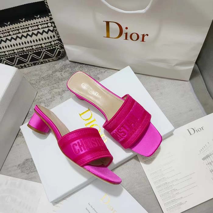 Dior Women Shoes Dway Heeled Slide Rani Pink Embroidered Satin Cotton (3)
