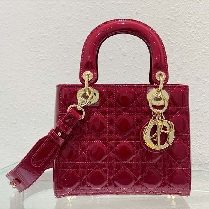 Dior Women Small Lady Dior Bag Cherry Red Patent Cannage Calfskin (6)