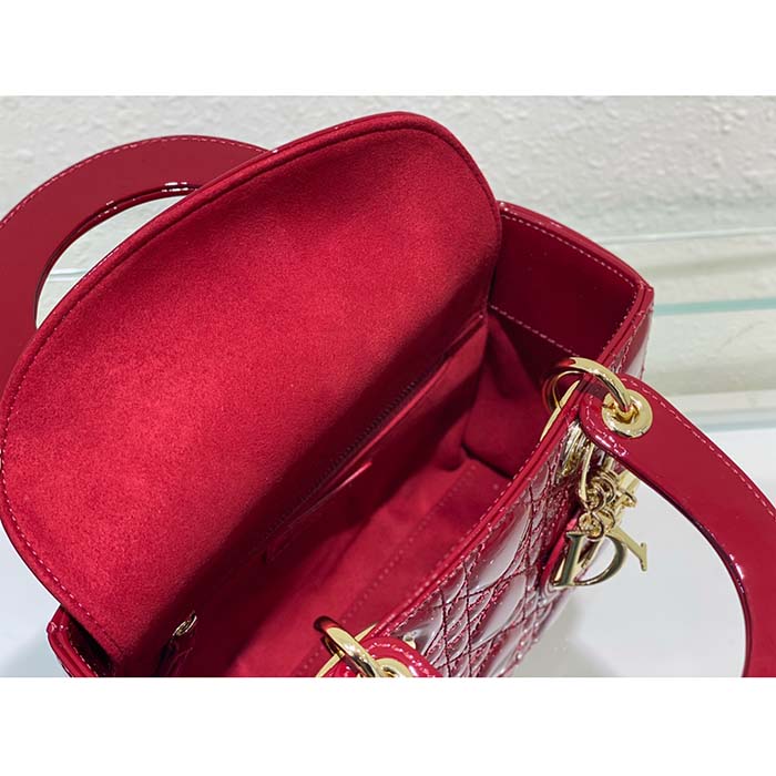 Dior Women Small Lady Dior Bag Cherry Red Patent Cannage Calfskin (7)