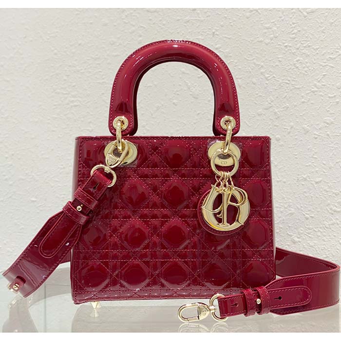 Dior Women Small Lady Dior Bag Cherry Red Patent Cannage Calfskin (9)