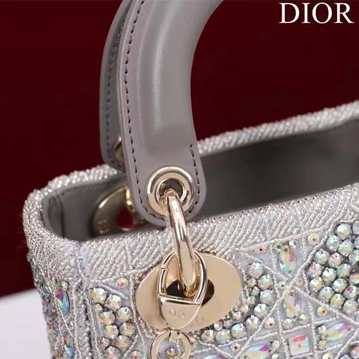 Dior Women Small Lady Dior Bag Gray Smooth Calfskin Satin Bead Embroidery (1)
