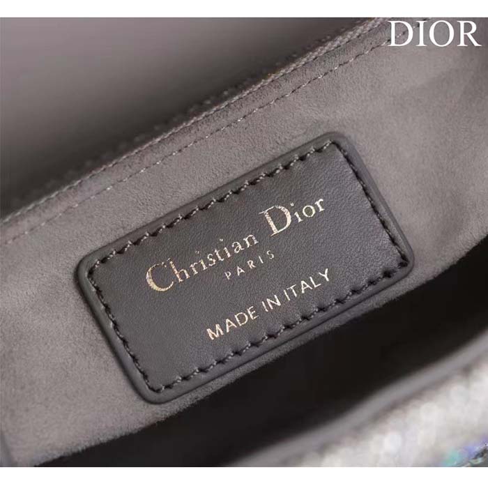 Dior Women Small Lady Dior Bag Gray Smooth Calfskin Satin Bead Embroidery (10)
