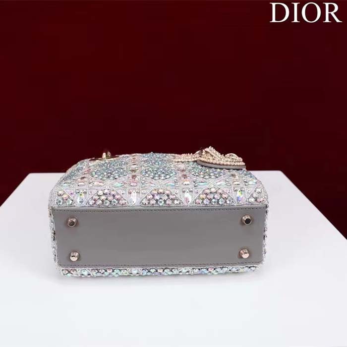 Dior Women Small Lady Dior Bag Gray Smooth Calfskin Satin Bead Embroidery (3)